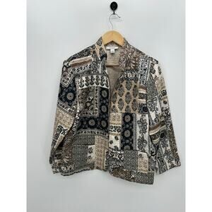 Dressbarn Quilted Jacket‎ Womens Size L Brown Floral Patchwork Artsy Full Zip